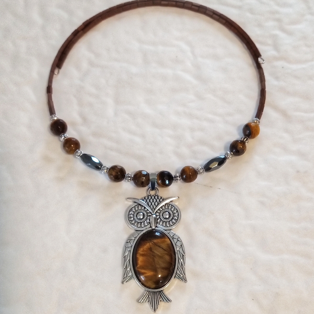 Silver and Brown Owl Pendant Necklace